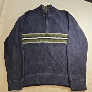 Eddie Bauer Classic Large Cotton Men's Navy Blue and Green Striped Sweater